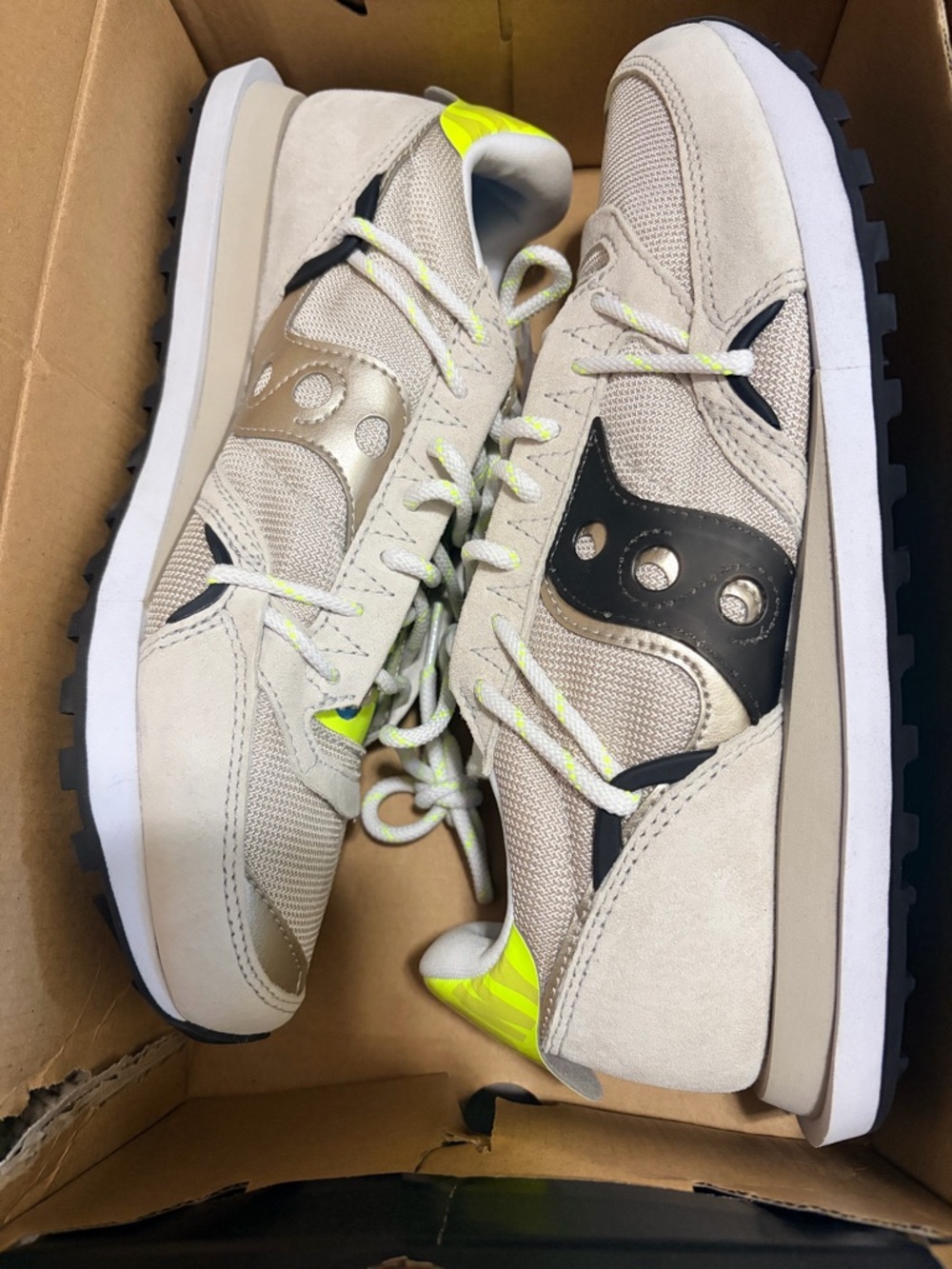 Saucony Beige with Neon Yellow Accent Retro Runner Sneakers